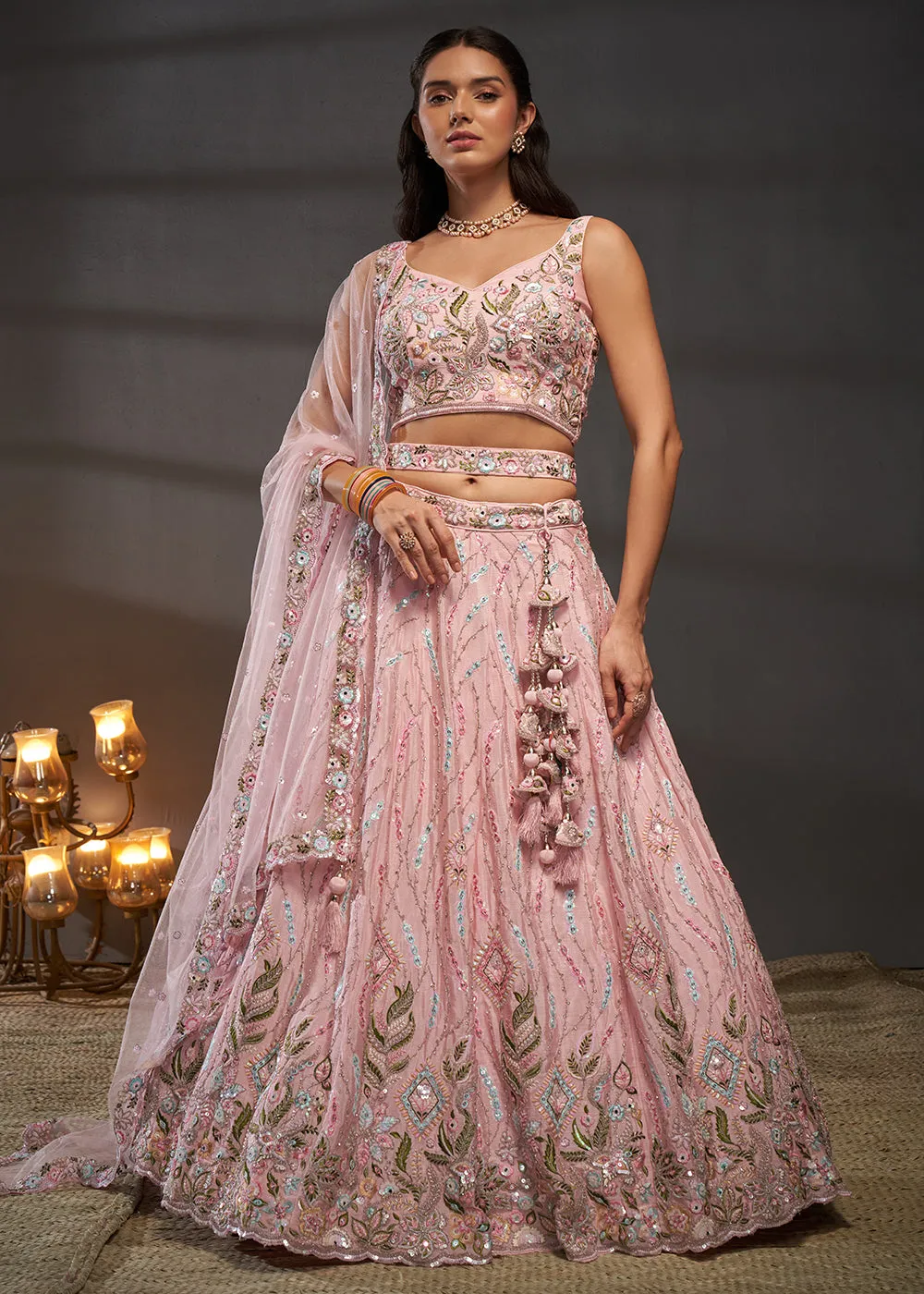 Pink Poly Chiffon Embroidered Bridesmaids Lehenga Choli