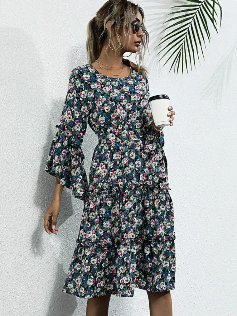 Purple Floral Print Tiered Dress