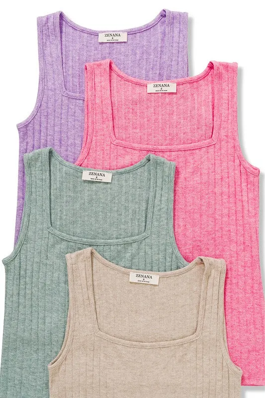 RIBBED SQUARE NECK SLEEVELESS TOP - ASSORTED COLORS