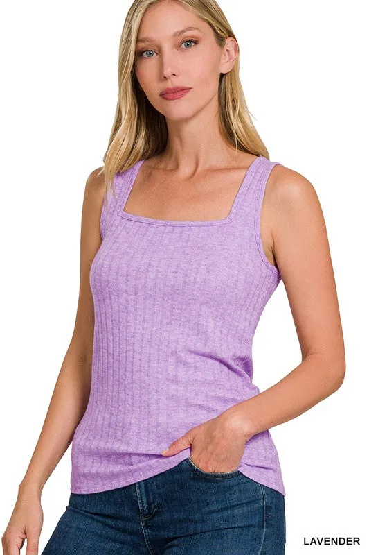 RIBBED SQUARE NECK SLEEVELESS TOP - ASSORTED COLORS