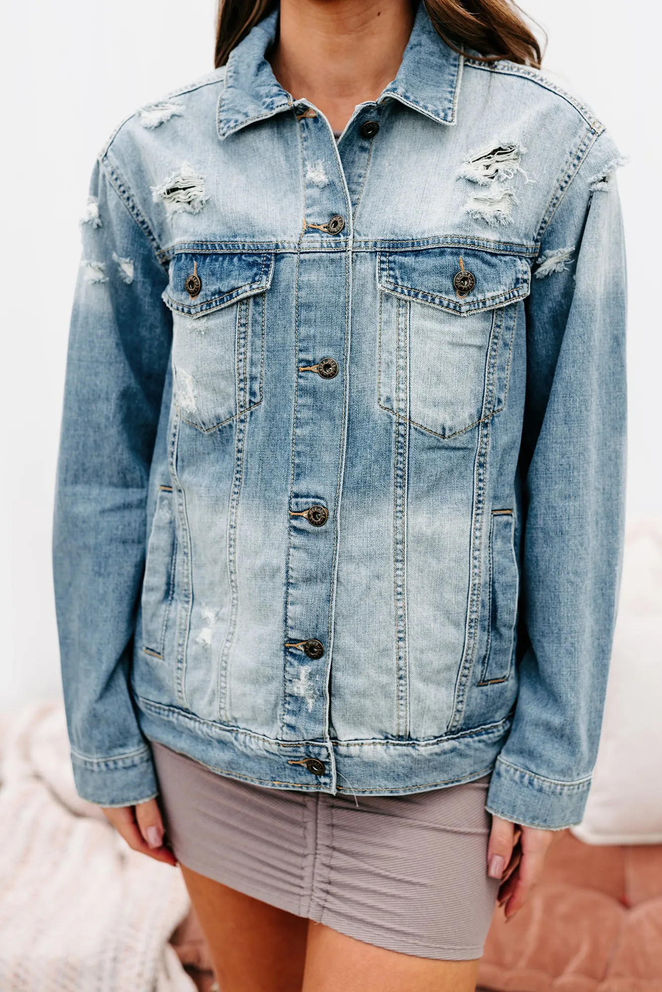 Speak Up Lightly Distressed Denim Jacket (Light)