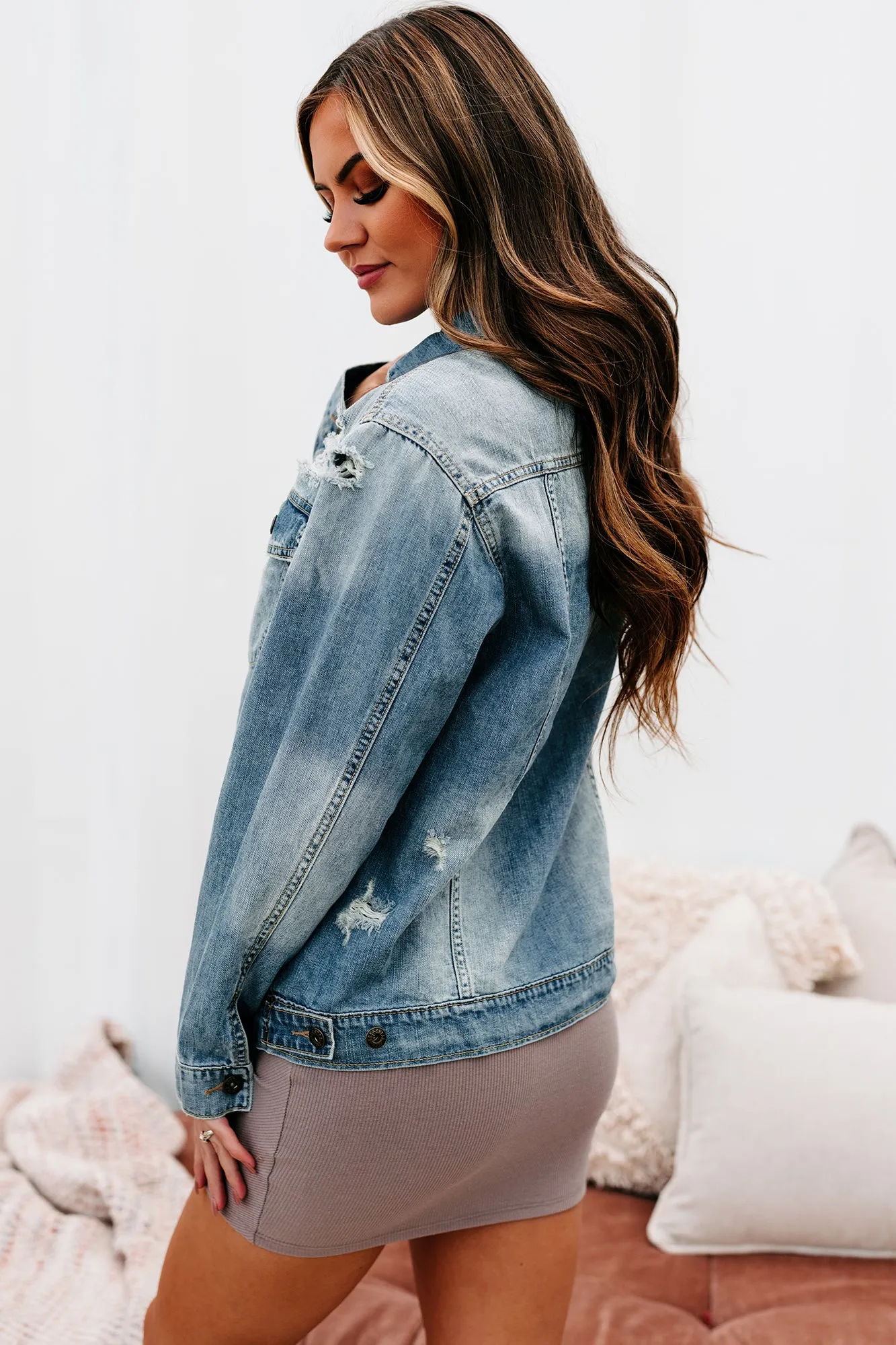 Speak Up Lightly Distressed Denim Jacket (Light)