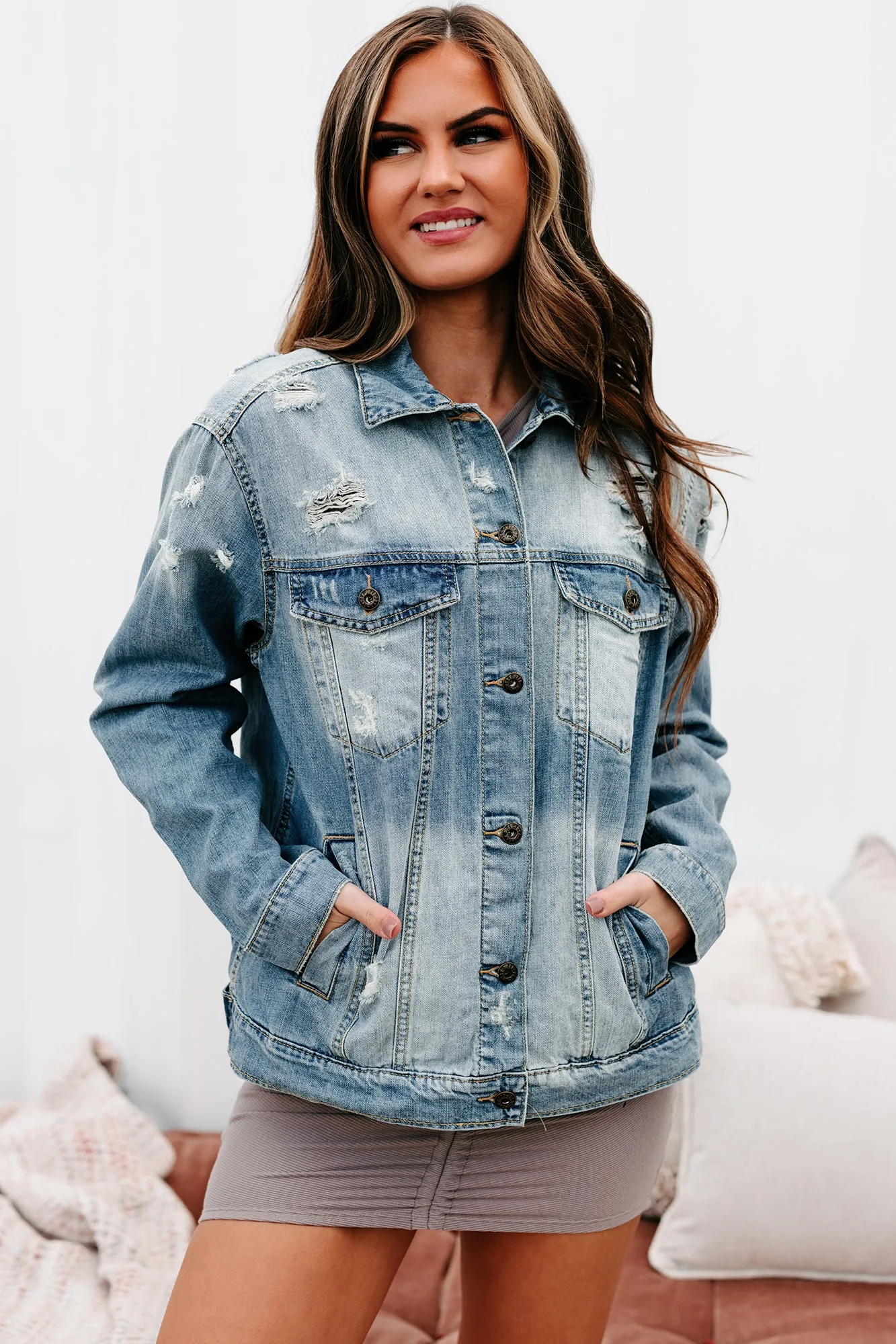 Speak Up Lightly Distressed Denim Jacket (Light)