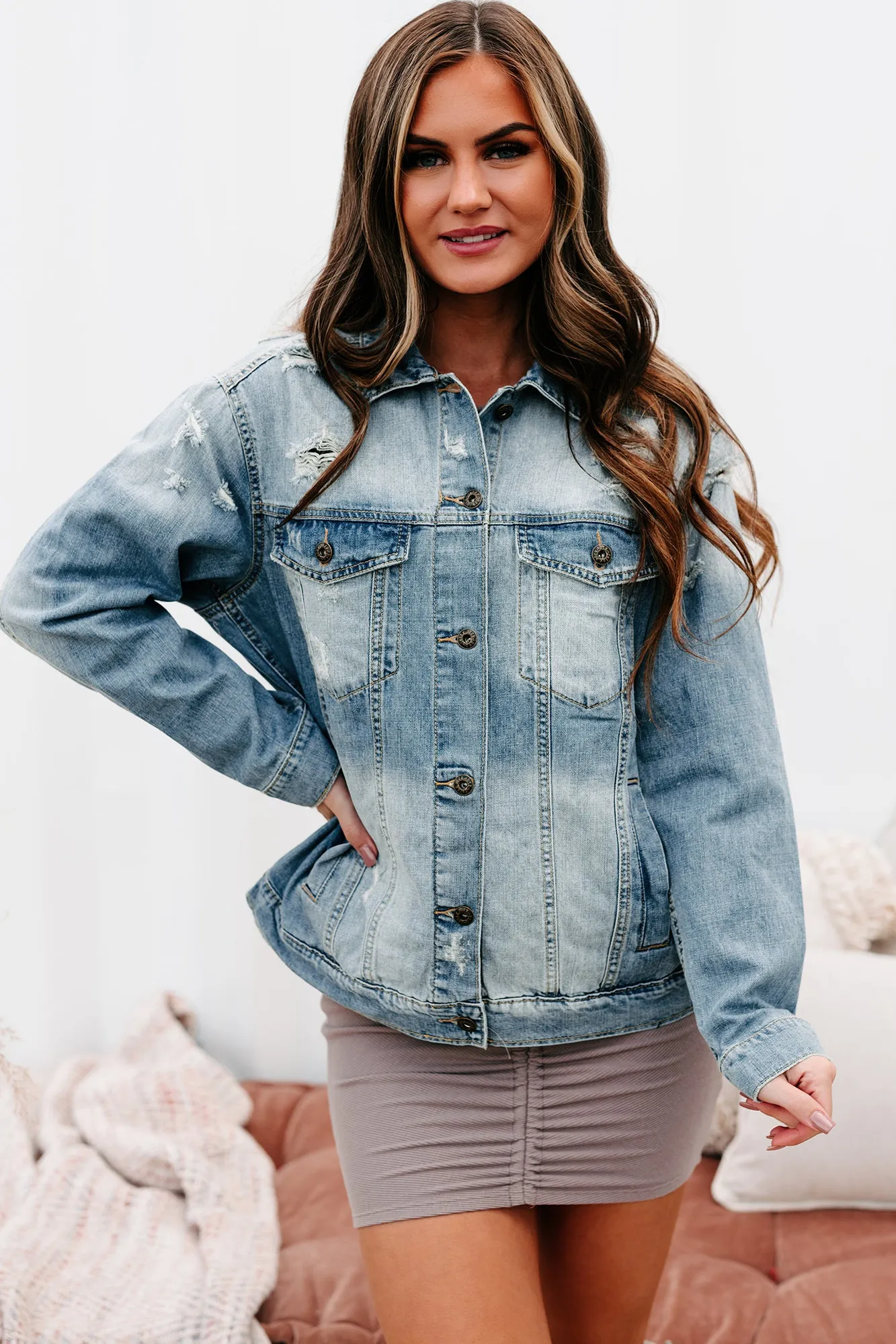 Speak Up Lightly Distressed Denim Jacket (Light)
