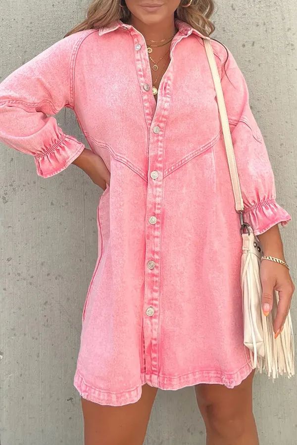 Tandi Washed Denim Long Sleeve Button Shirt Mini Dress