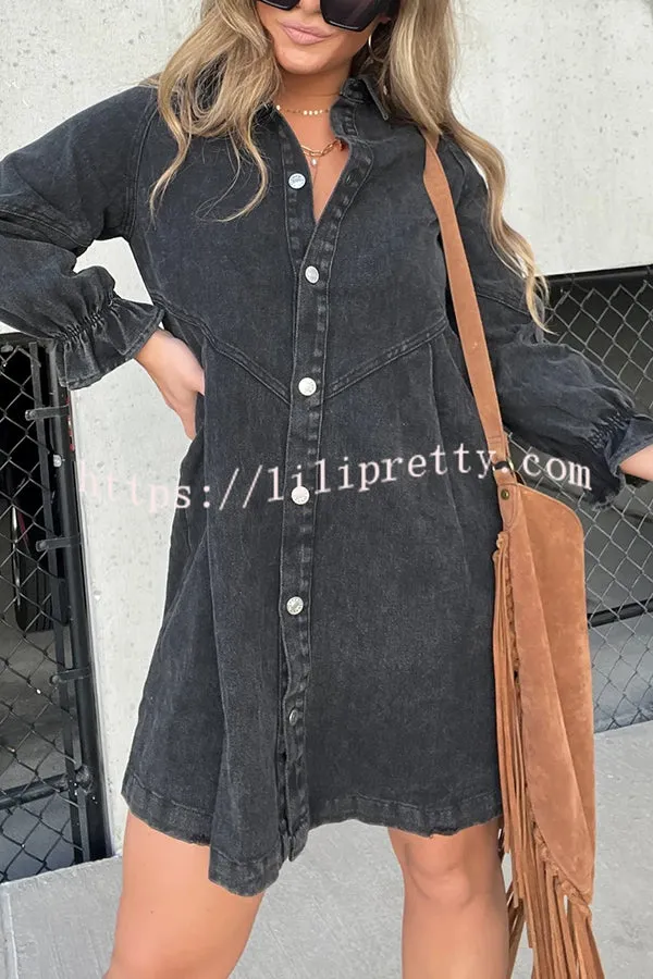 Tandi Washed Denim Long Sleeve Button Shirt Mini Dress