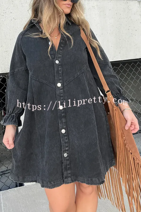 Tandi Washed Denim Long Sleeve Button Shirt Mini Dress