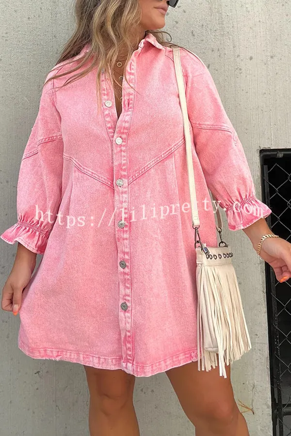 Tandi Washed Denim Long Sleeve Button Shirt Mini Dress