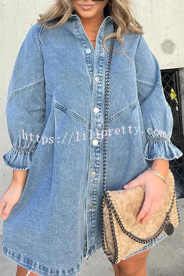 Tandi Washed Denim Long Sleeve Button Shirt Mini Dress