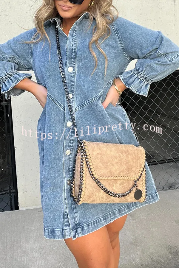 Tandi Washed Denim Long Sleeve Button Shirt Mini Dress