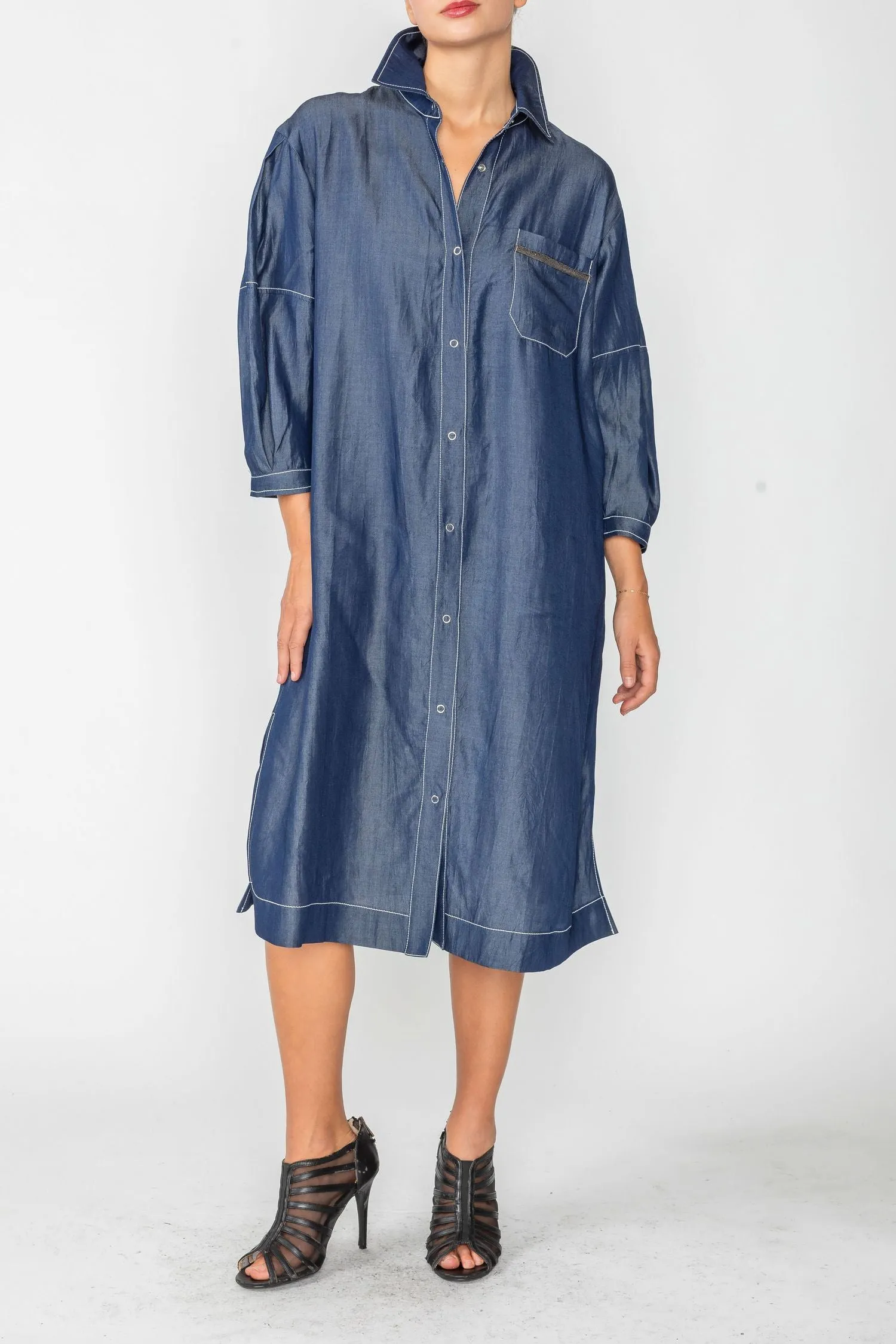 Tencel Denim Snap Button Down Shirt Dress