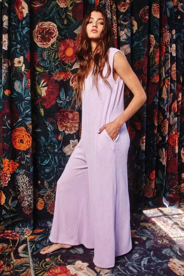 V-neck Wide Leg Solid Knit Jumpsuit
