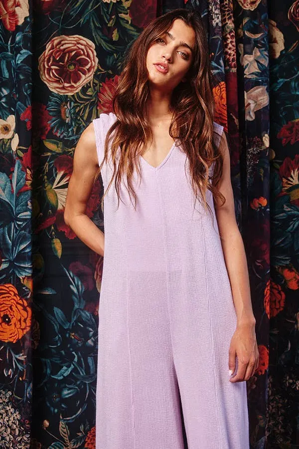 V-neck Wide Leg Solid Knit Jumpsuit