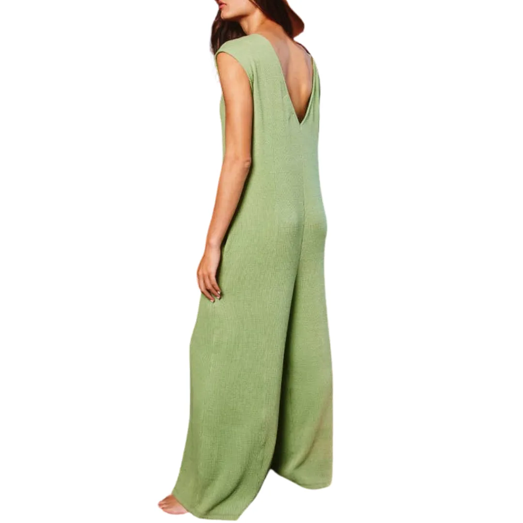 V-neck Wide Leg Solid Knit Jumpsuit