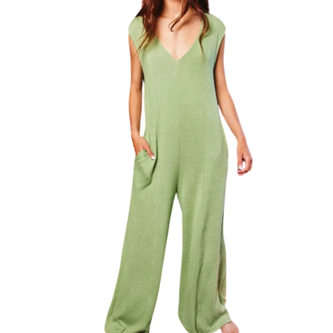 V-neck Wide Leg Solid Knit Jumpsuit