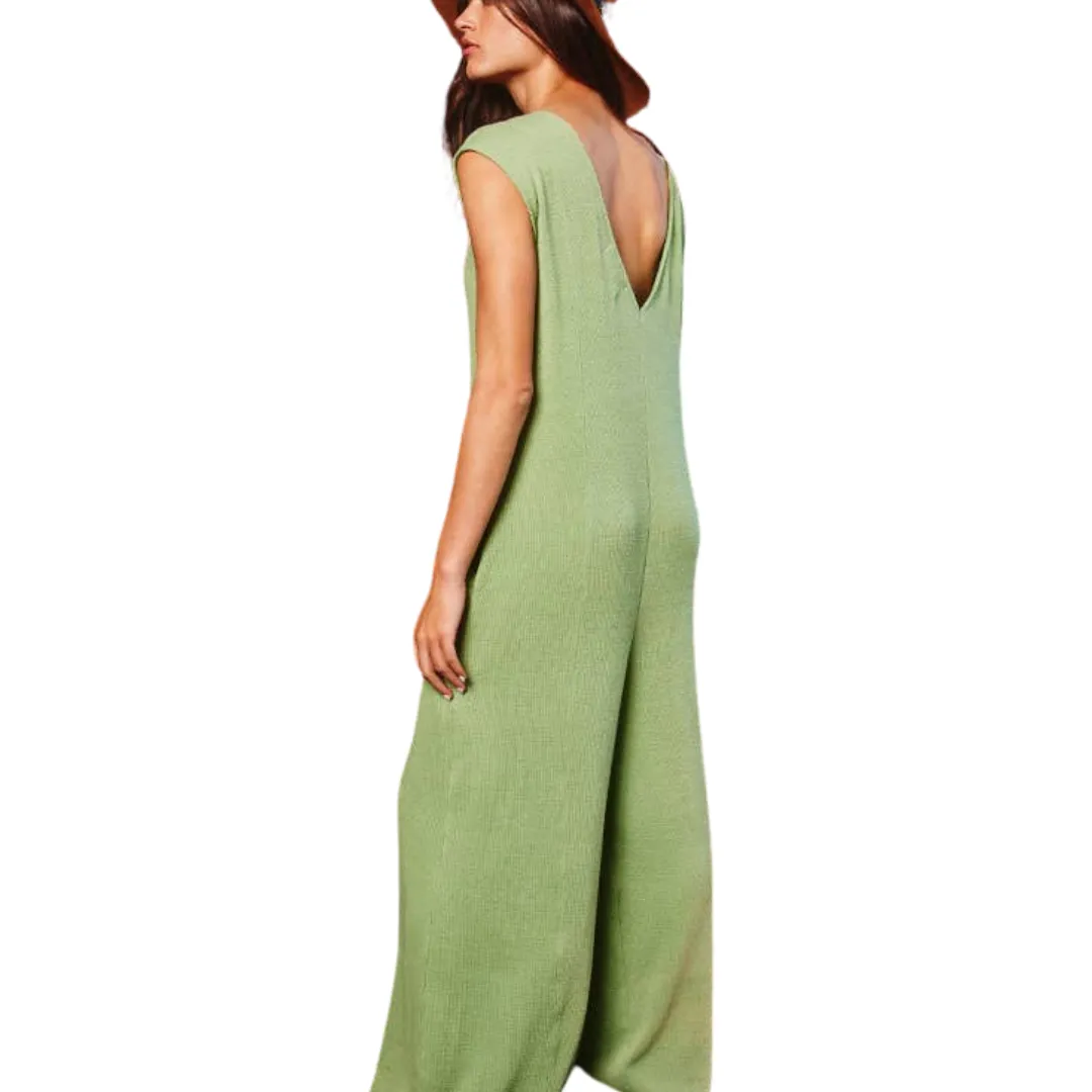 V-neck Wide Leg Solid Knit Jumpsuit