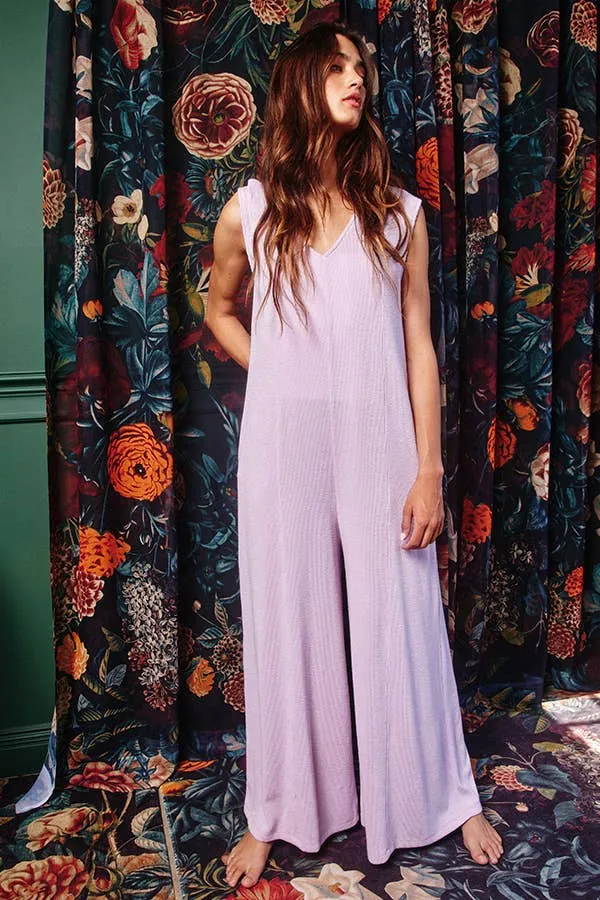 V-neck Wide Leg Solid Knit Jumpsuit