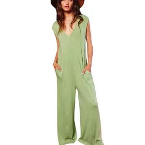 V-neck Wide Leg Solid Knit Jumpsuit