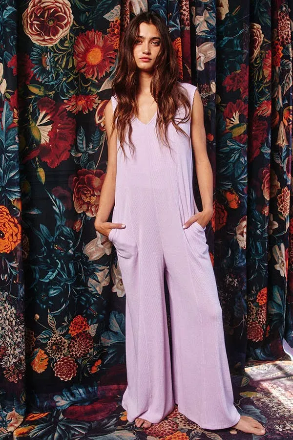 V-neck Wide Leg Solid Knit Jumpsuit