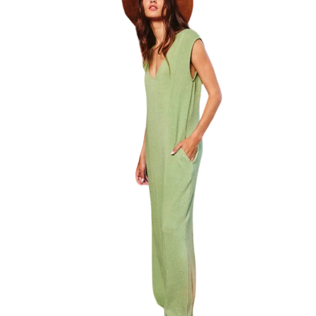 V-neck Wide Leg Solid Knit Jumpsuit