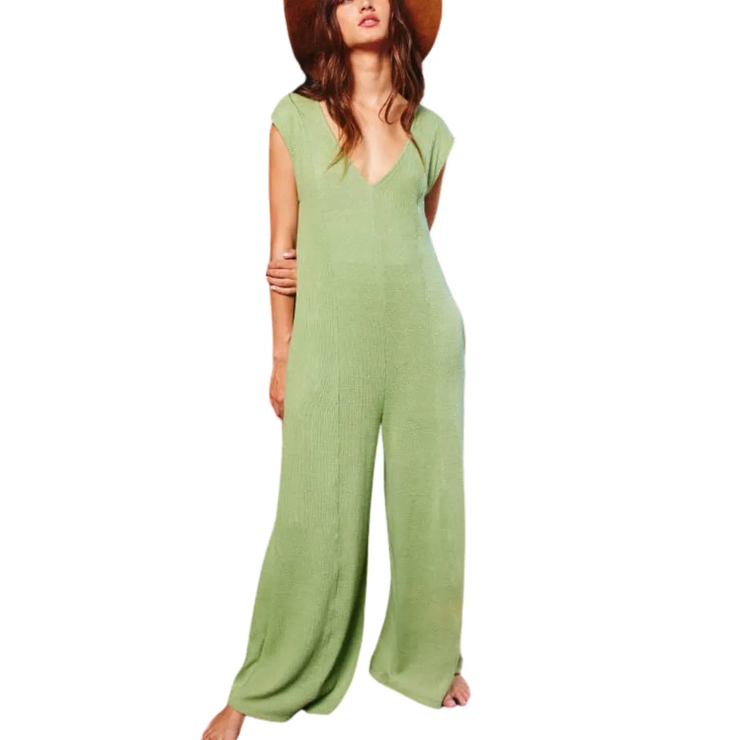 V-neck Wide Leg Solid Knit Jumpsuit
