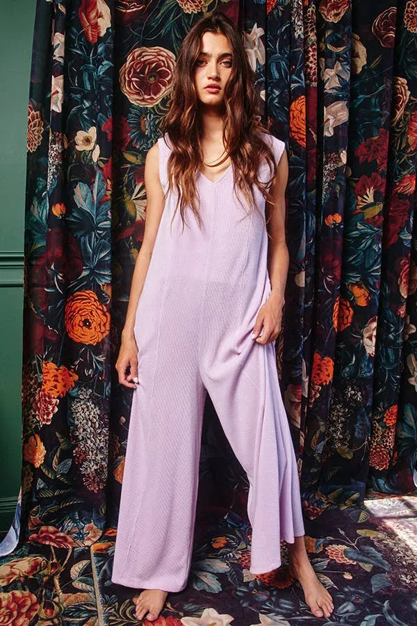 V-neck Wide Leg Solid Knit Jumpsuit