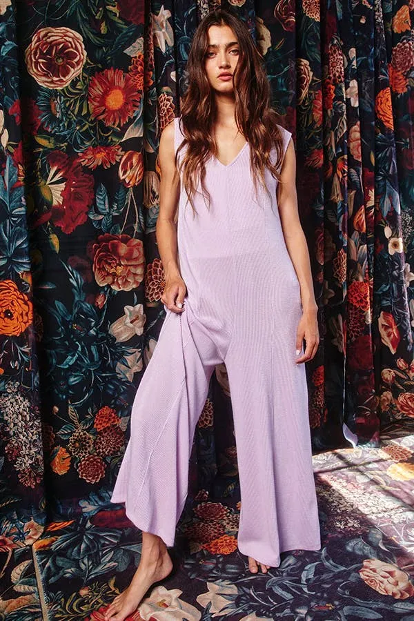 V-neck Wide Leg Solid Knit Jumpsuit