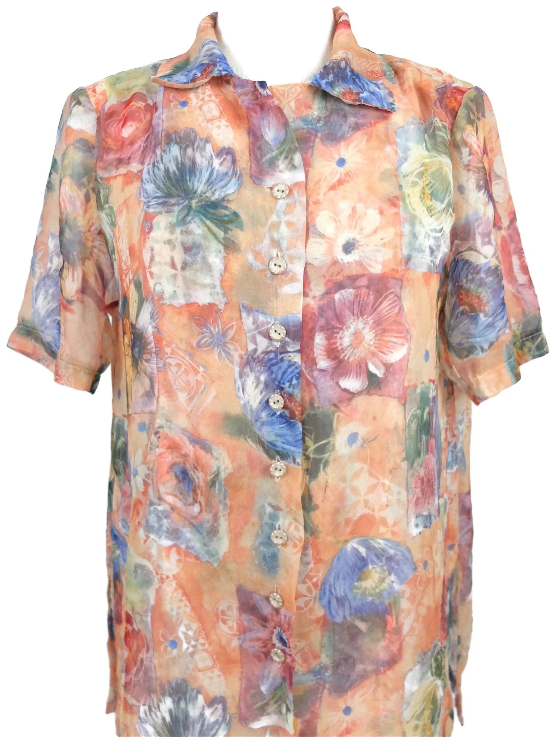 Vintage 80s Floral Print Collared Flowy Chiffon Half Sleeve Button Up Blouse