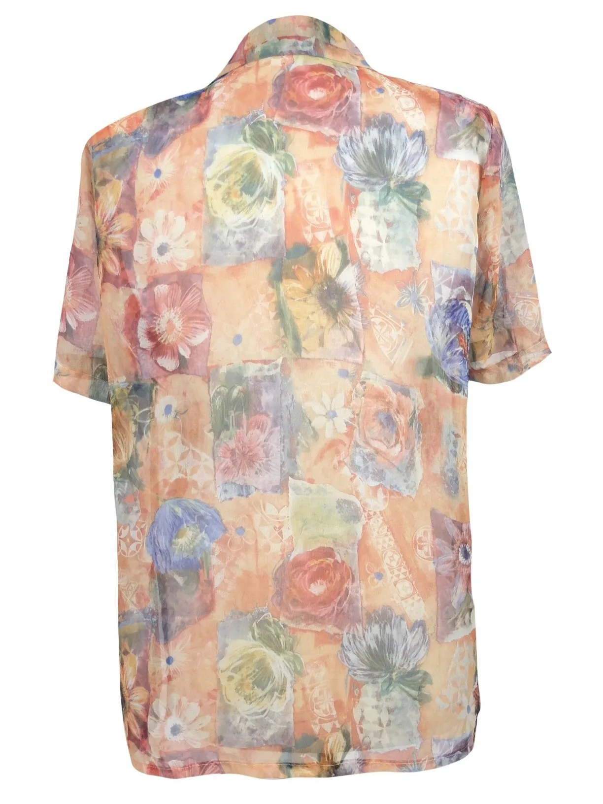 Vintage 80s Floral Print Collared Flowy Chiffon Half Sleeve Button Up Blouse