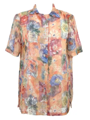 Vintage 80s Floral Print Collared Flowy Chiffon Half Sleeve Button Up Blouse