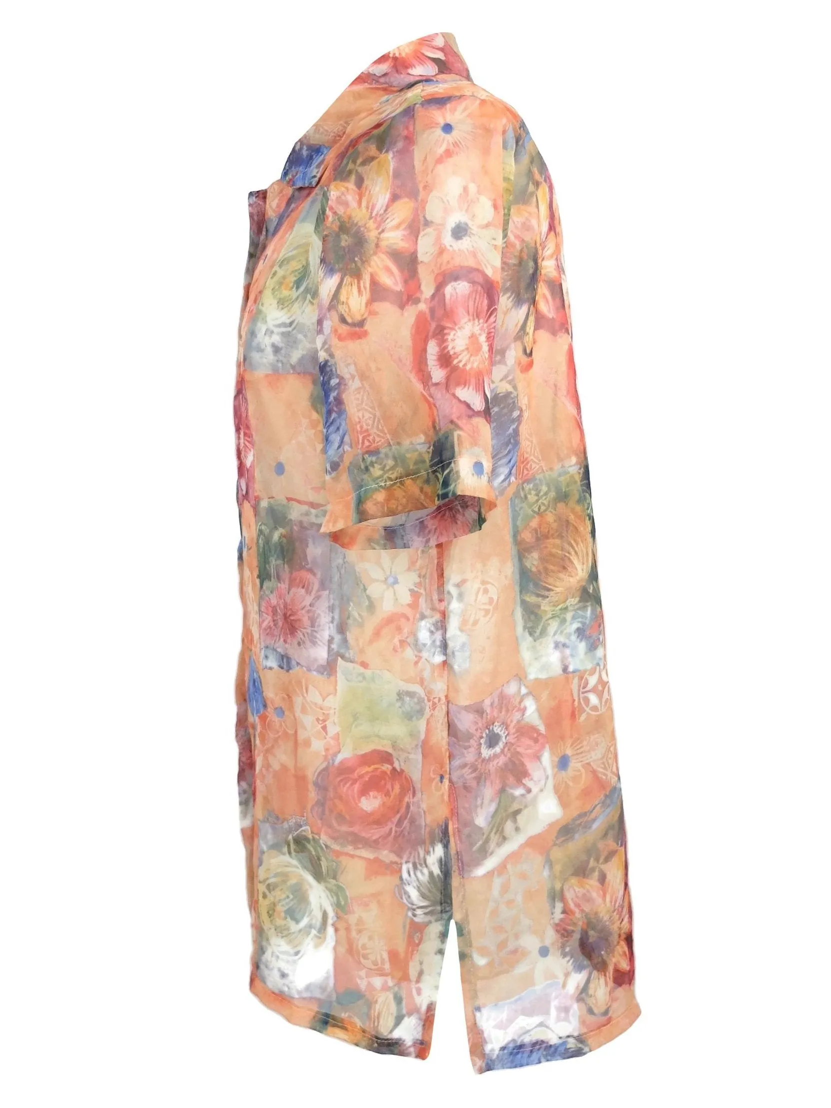 Vintage 80s Floral Print Collared Flowy Chiffon Half Sleeve Button Up Blouse