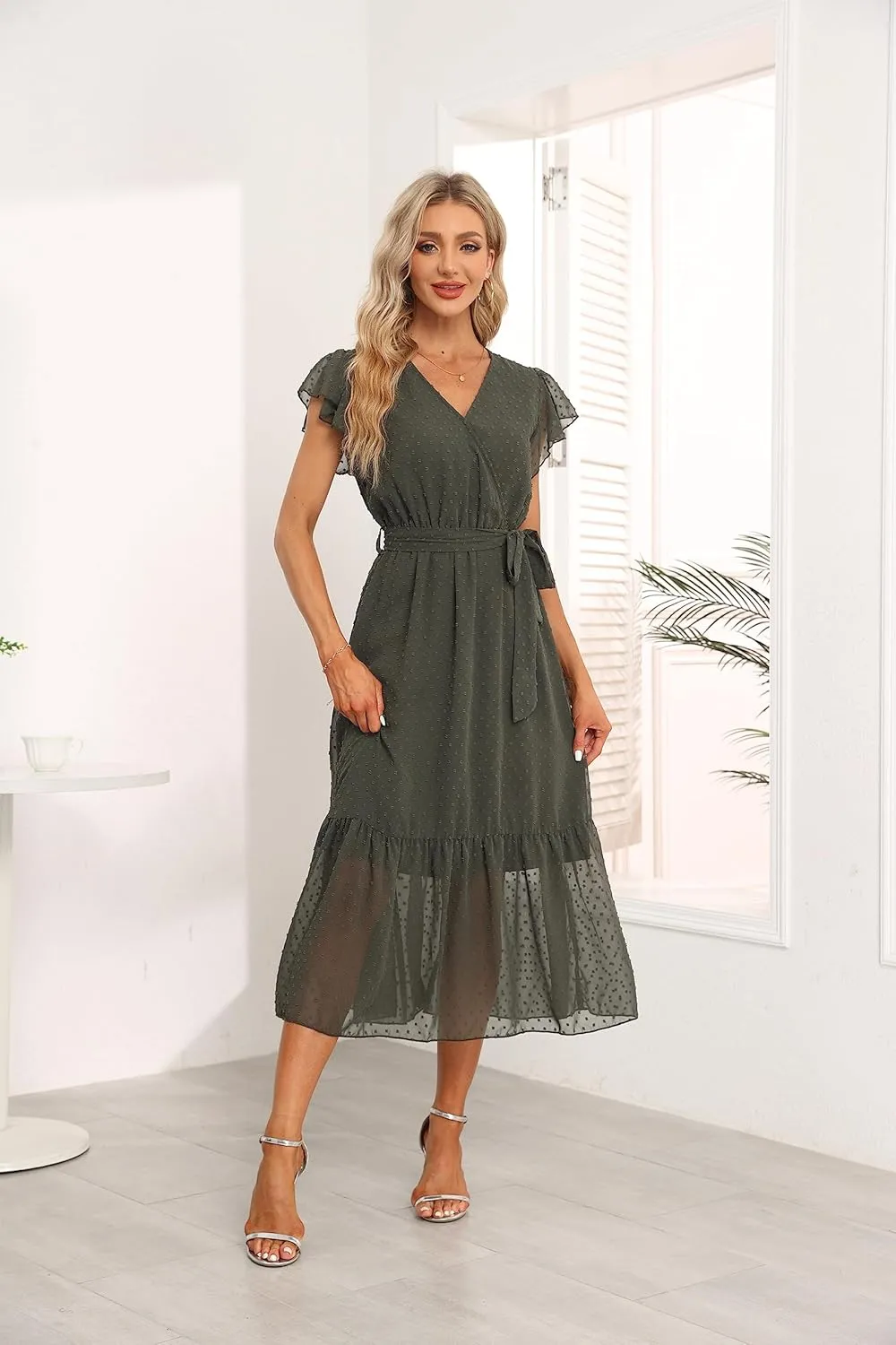 VintageClothing Womens Sundress Casual Floral Summer Boho Dress Flowy Wrap V Neck Ruffle A-Line Pleated Hem Midi Dresses