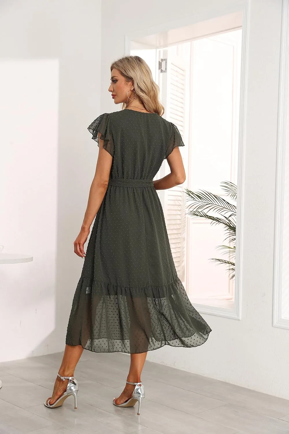 VintageClothing Womens Sundress Casual Floral Summer Boho Dress Flowy Wrap V Neck Ruffle A-Line Pleated Hem Midi Dresses