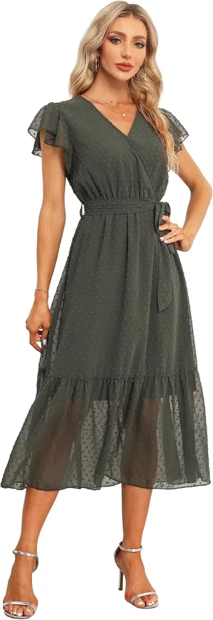 VintageClothing Womens Sundress Casual Floral Summer Boho Dress Flowy Wrap V Neck Ruffle A-Line Pleated Hem Midi Dresses