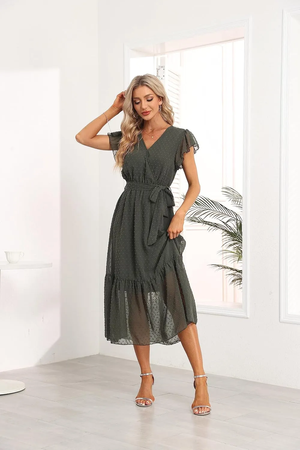 VintageClothing Womens Sundress Casual Floral Summer Boho Dress Flowy Wrap V Neck Ruffle A-Line Pleated Hem Midi Dresses