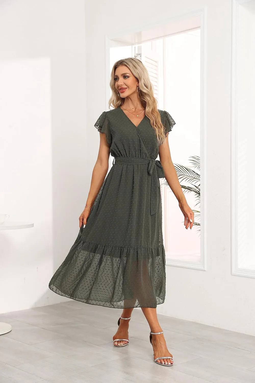 VintageClothing Womens Sundress Casual Floral Summer Boho Dress Flowy Wrap V Neck Ruffle A-Line Pleated Hem Midi Dresses