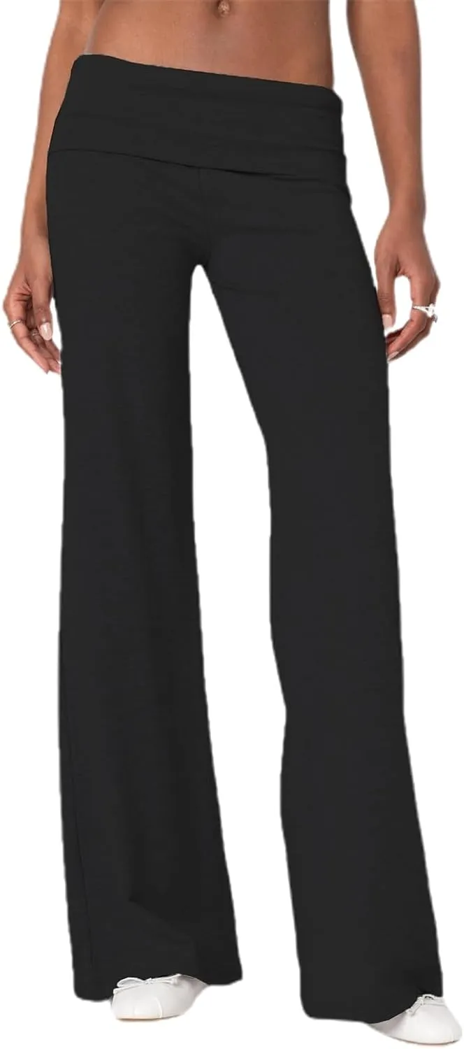 Women Fold Over Yoga Pants Y2K Striped Flared Leggings Low Rise Wide Leg Lounge Pants Stretchy Sweatpants