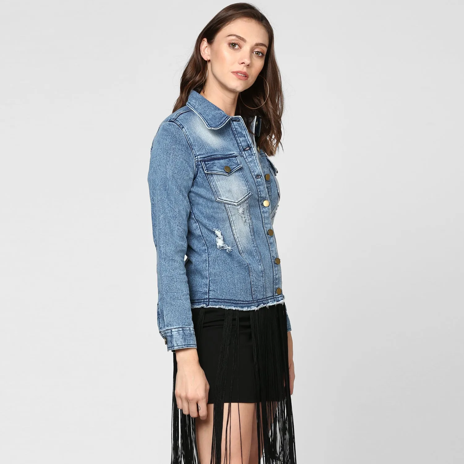 Women's Blue Distressed Denim Jacket - StyleStone