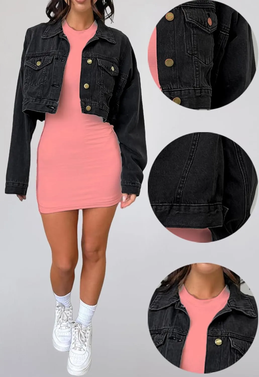 Women's Cropped Denim Washed Distressed Button Down Long Sleeve Jean Jacket Coats