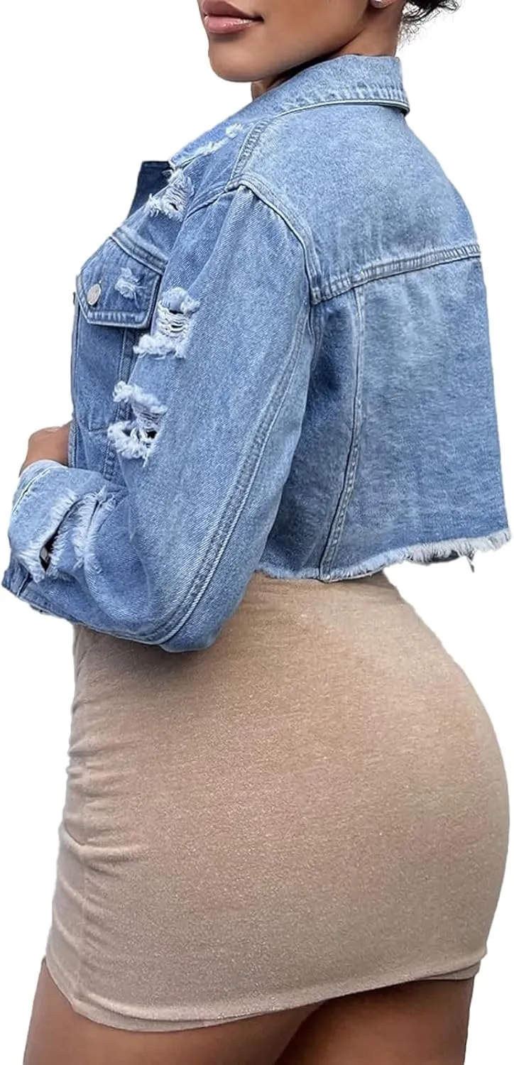 Women's Cropped Denim Washed Distressed Button Down Long Sleeve Jean Jacket Coats
