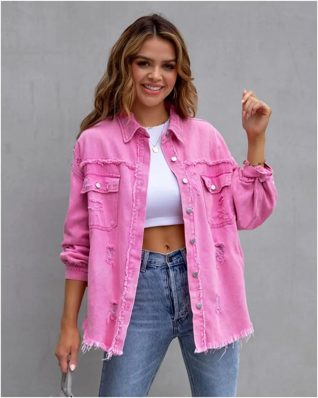 Women's Distressed Denim Jacket Long Sleeve Lapel Button Up Frayed Jean Shacket