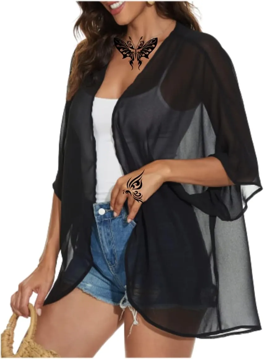 Women's Floral Print Puff Sleeve Kimono Cardigans Chiffon Casual Loose Open Front Cover Tops Cardigan Blouse