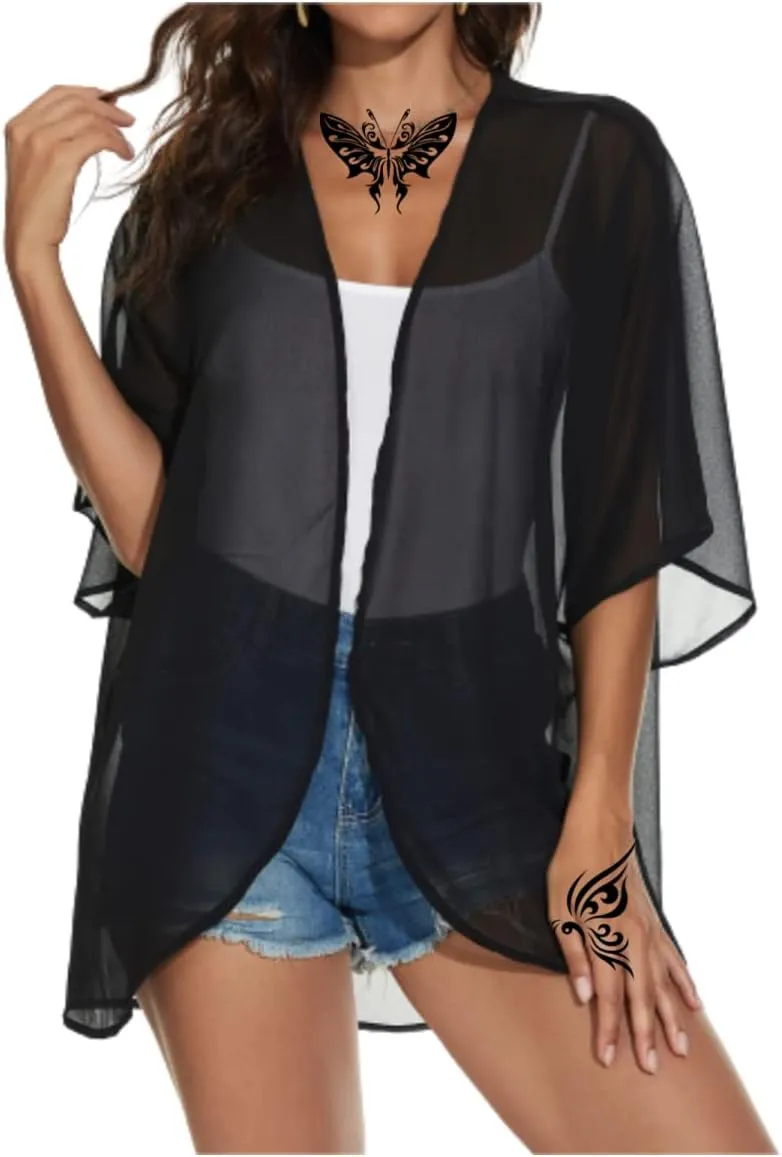 Women's Floral Print Puff Sleeve Kimono Cardigans Chiffon Casual Loose Open Front Cover Tops Cardigan Blouse