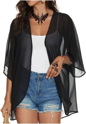 Women's Floral Print Puff Sleeve Kimono Cardigans Chiffon Casual Loose Open Front Cover Tops Cardigan Blouse