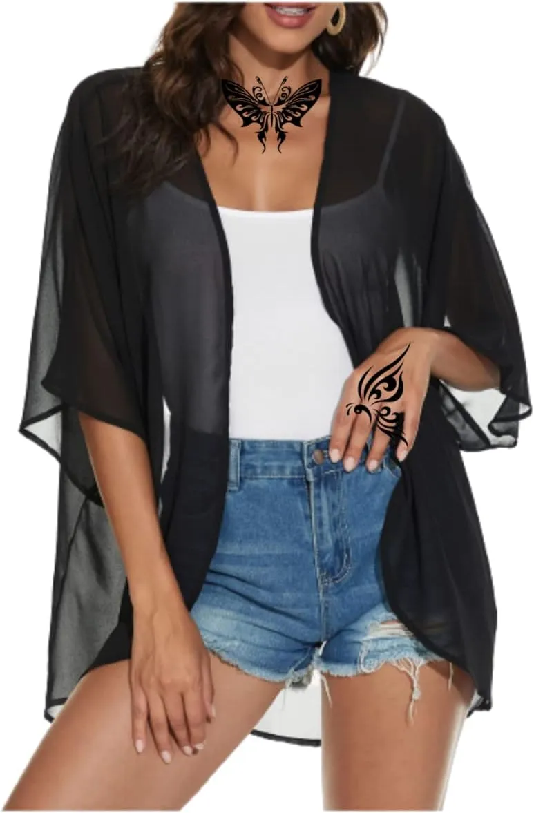 Women's Floral Print Puff Sleeve Kimono Cardigans Chiffon Casual Loose Open Front Cover Tops Cardigan Blouse