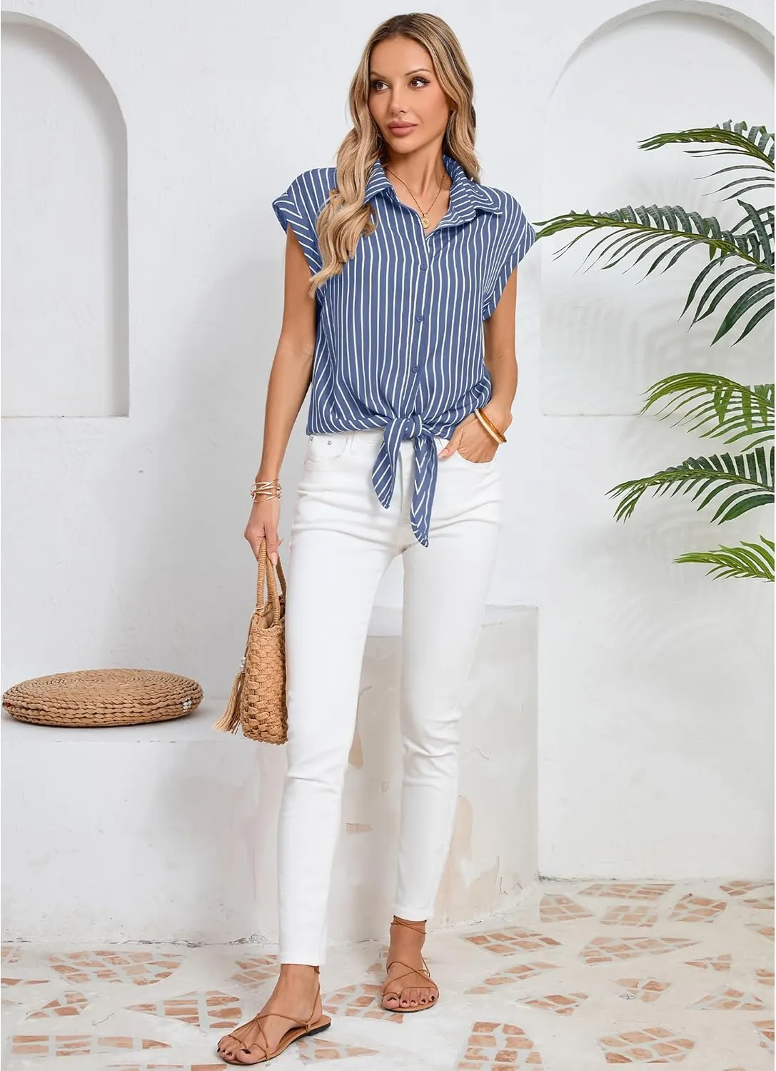 Women's Striped Button Down Shirts Short Cap Sleeve Tie Front Blouse Summer Casual Tops
