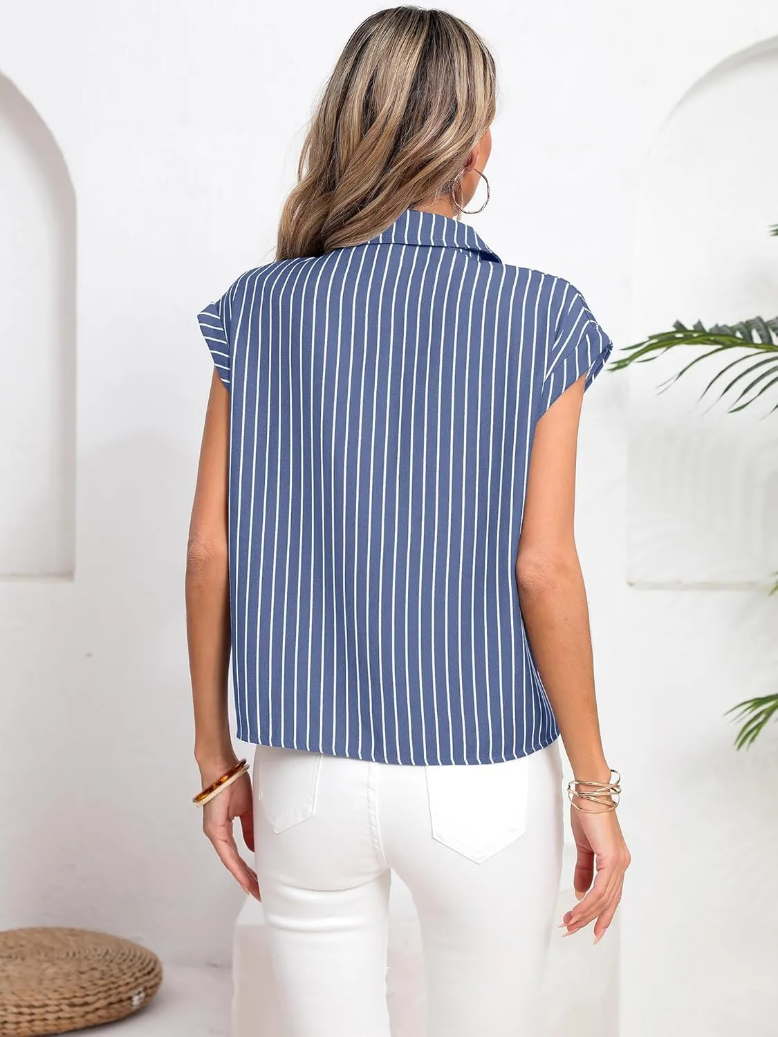 Women's Striped Button Down Shirts Short Cap Sleeve Tie Front Blouse Summer Casual Tops