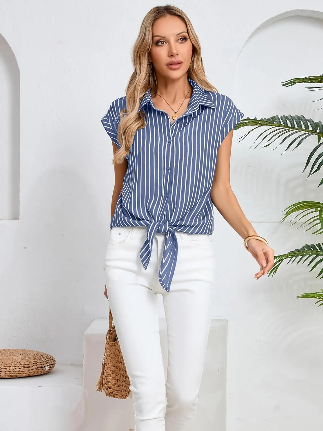 Women's Striped Button Down Shirts Short Cap Sleeve Tie Front Blouse Summer Casual Tops