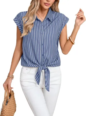 Women's Striped Button Down Shirts Short Cap Sleeve Tie Front Blouse Summer Casual Tops