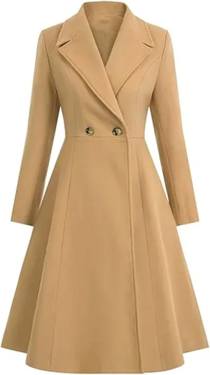 xxxiticat Women's Long Wool Trench Coat Winter Warm Notch Lapel Double Breasted Button A Line Pleated Dress Coat Peacoat